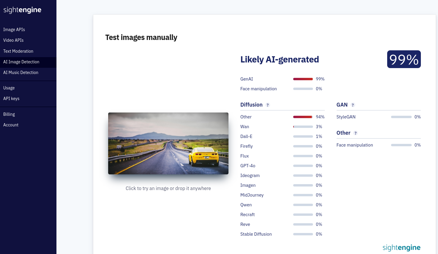sightengine faker result